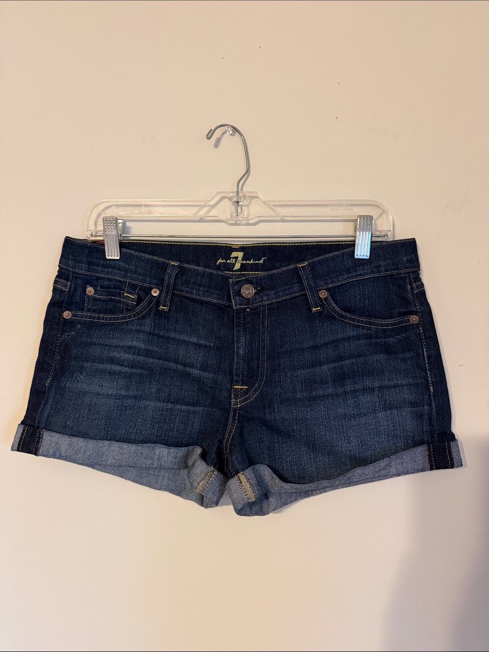 7 For All Mankind Dark Blue Rolled Hem Denim Shorts